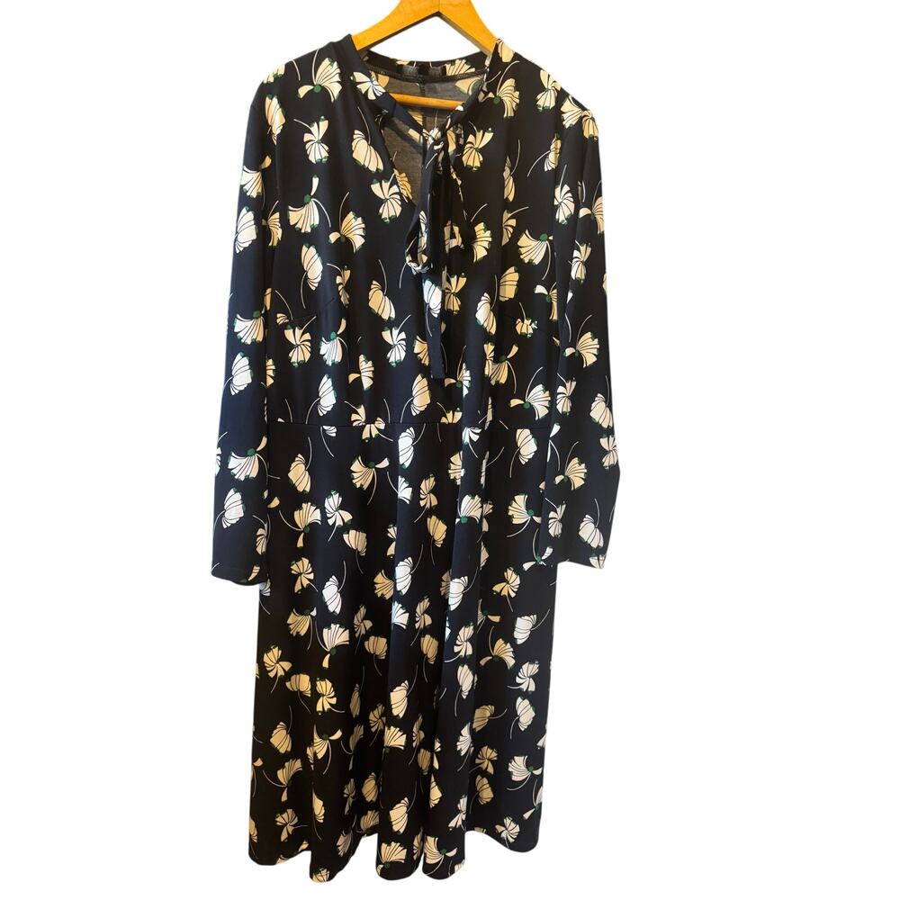 Eloquii | Navy Blue + White Floral Tie-Neck Midi Dress  | Size 16